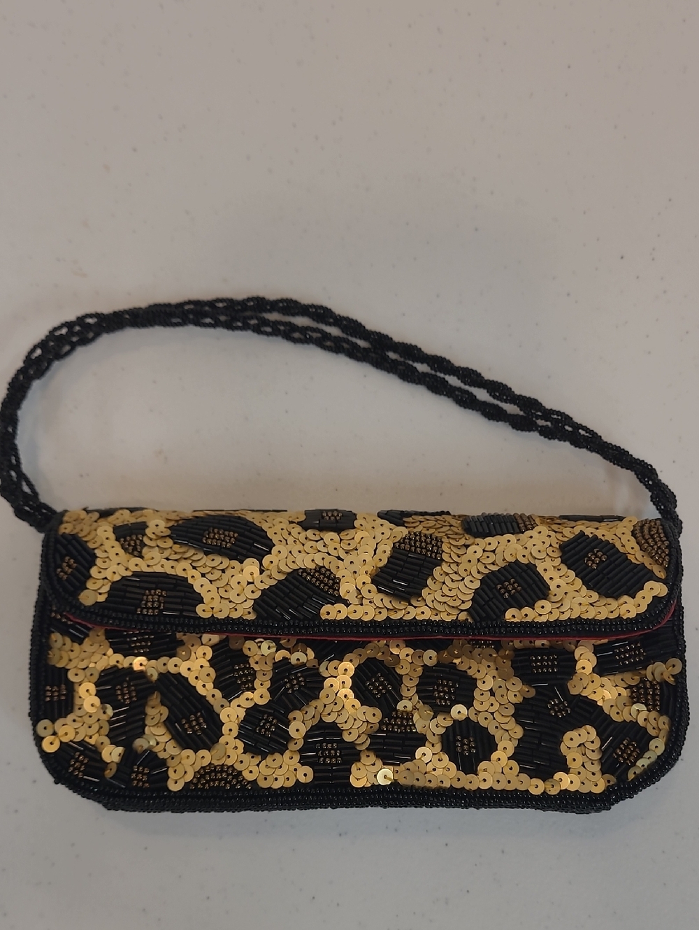 Inge Christopher Sequin Leopard Print Clutch Shoulder or Wrist Bag Black & Gold